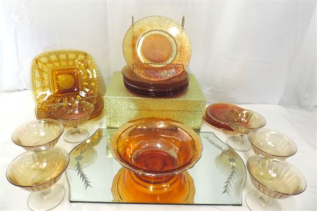 Vintage Iridescent Marigold Carnival Glass / Sherbet Glasses / Square Plates