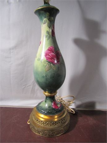 Antique 1930's Porcelain Table Lamp, Double Mounted on Brass, Green and Red