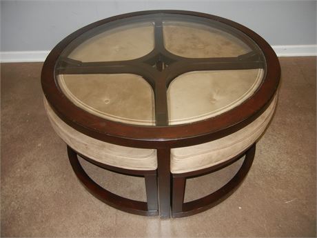 Unique Foot Stool Table, Round with Glass Top and Brown Cushions