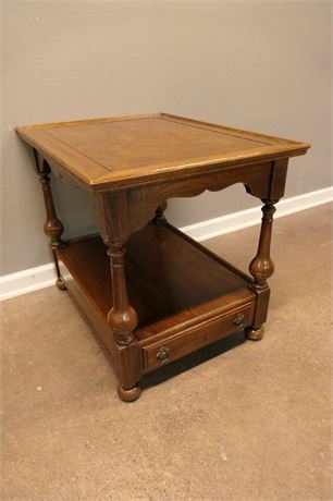 Ethan Allen Parquet Inlaid Wood End Table w/Dovetail drawer & Glass top