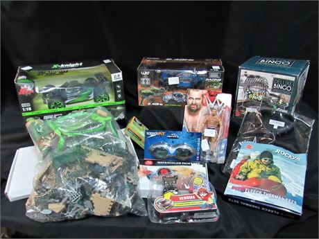13 Piece Toy/Children's Lot - NEW - RC Cars, WWF Rusev Figurine