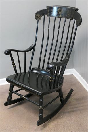 Spindle Back Rocking Arm Chair in Black, with Painted Design in Gold on Headrest