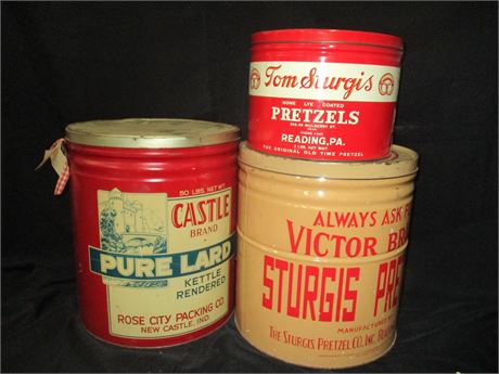 3 Early Advertising Tins, Pretzel "Victor and Stugis" and "Castle" Lard Tins