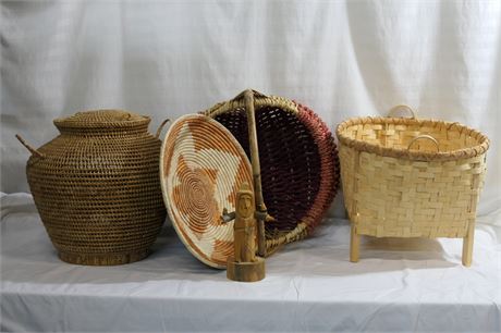 Signed Artisan Baskets by Takashima with the Wood Carved Bird Man