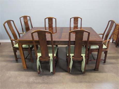 Oriental/Asian Style Dining Table with 2 Leaves, Pads and 7 Chairs