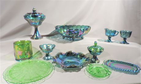 Vintage Blue Carnival Glass & Hazel Atlas Green Depression Glass
