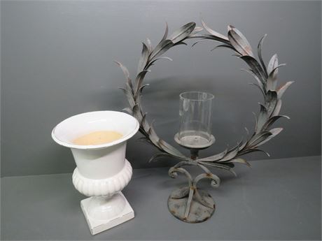 Ceramic Urn / Iron Laurel Leaf Candle Holder