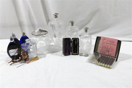Vintage Etched Glass Jar Vanity Set