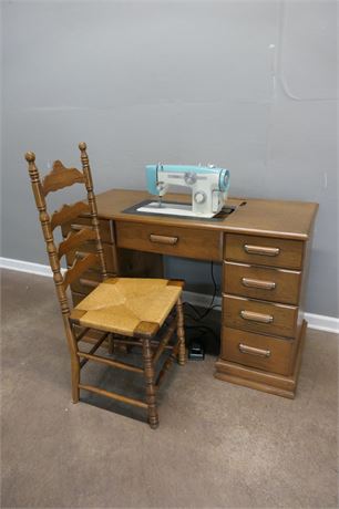Sewing Machine & Desk \ Cabinet & Ladder Back Rush Chair