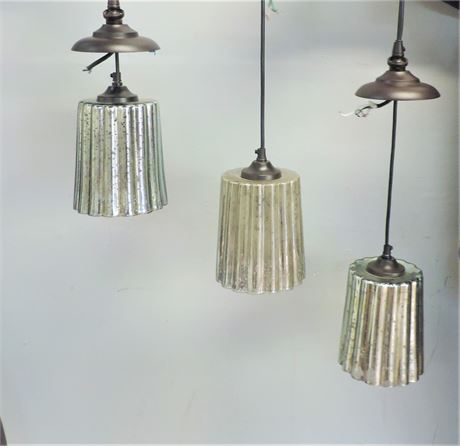 NEW Set of Three Industrial Speckled Mirror Style Hanging Lamps