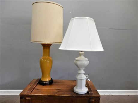 Two Mid Century Gold and Cream Color Ceramic Table Lamps with Shades