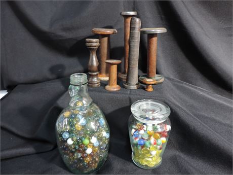 Vintage Wood Spools and Marbles