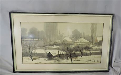 Signed Original Vintage Winter Scene Watercolor