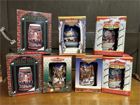 7 BUDWEISER Collector Holiday Beer Steins (1997-2001)