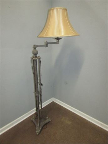 Tall Silver Metal Swing Arm Chair Lamp with Vintage Shade