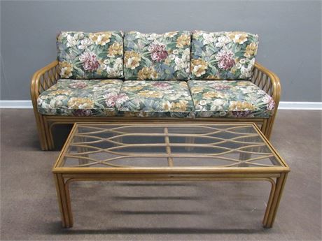 Great Looking Rattan Patio/Sunroom Sofa with Floral Cushions and Coffee Table