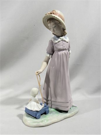 Large Lladro - Girl Pulling Wagon with Doll
