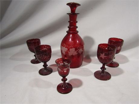 Antique Hand Blown Czech Bohemian Ruby Etched Glasses with Decanter
