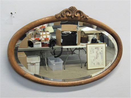 Nice Antique Oak Beveled Glass Oval Mirror