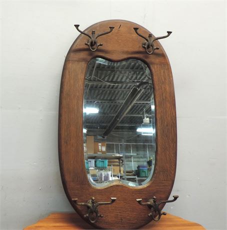 Antique Mirror with Metal Hooks.