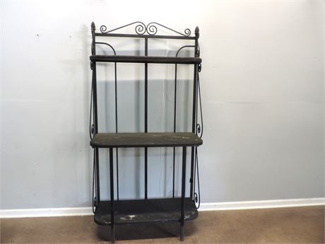 Vintage Wrought Iron Bakers Rack / Wooden Shelves