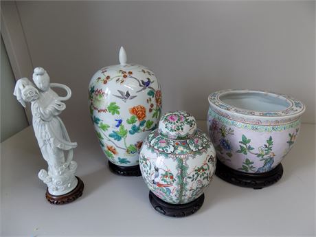 Chinoiserie Porcelain Planters, Jars and Statue
