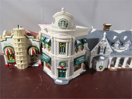 Dept. 56 "Snow Village", 3 Piece Large -Pisa Pizza, Starbucks, and Farmhouse