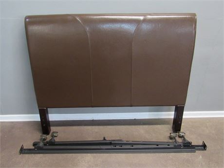 Nice Pier-1 Queen Size Brown Leather Headboard with Metal Bed Frame on Casters