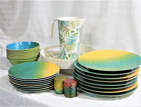 Colorful Indoor Outdoor Dinnerware Set with Cambridge Pitcher and Tray