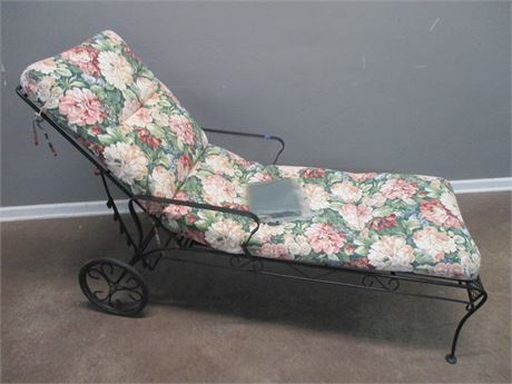 Wrought Iron Adjustable Chaise Lounge with Flower Patterned Cushion and cover