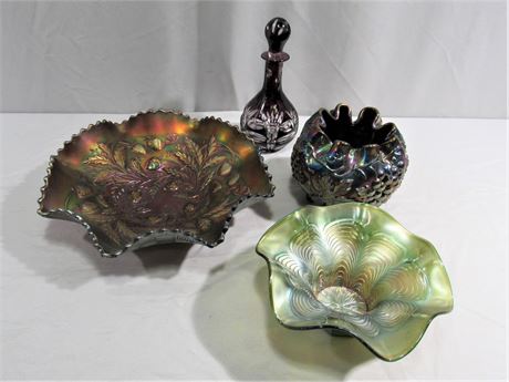 Vintage 4 Piece Glass Lot 3 Carnival Iridescent & Amethyst Cut to Clear Decanter