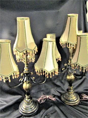 Vintage Brass Based Table Lamps with French Style Shades, Set of Two