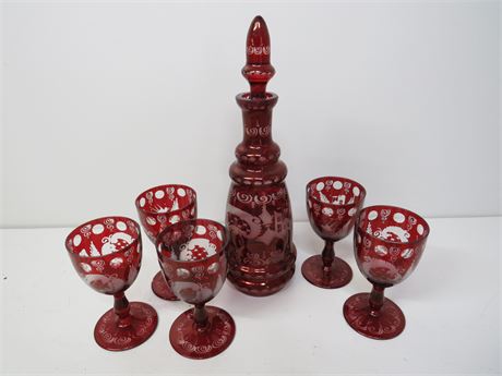 Bohemian Czech Cut To Clear Ruby Crystal Glass Decanter/Goblet Set