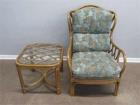 Lane Co. Tradewinds Rattan Chair with Cushion and Glass Top Side Table