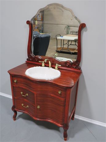 Victorian Wash Stand Vanity Cabinet w/Sink & Mirror