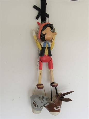 Large Wood Pinocchio Marionette/Puppet with 2 Donkey Masks