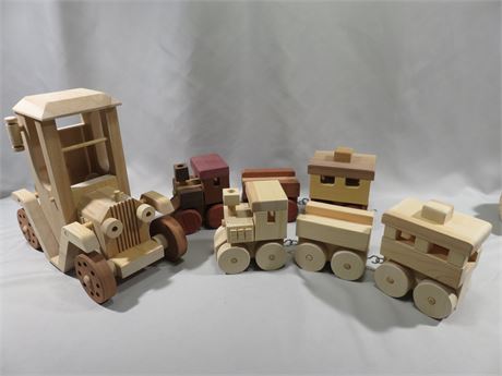 Handmade Wooden Trains & Antique Car