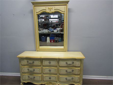 Vintage Century Furniture Company Dresser with Mirror, Ornate Trim Yellow Tones