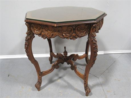 Vintage Side/Parlor Table with Protective Glass Top - Great Carved Details!