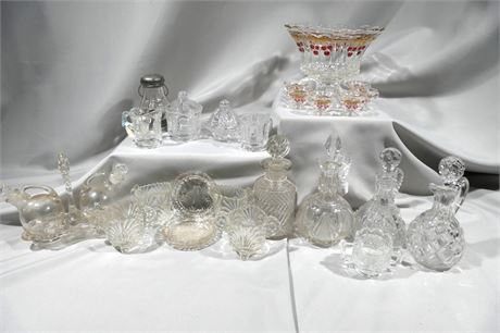 Pressed Glass Cruets, Diamond Pattern Glass, Child's Punch Bowl & More