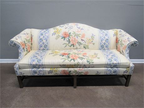 Ethan Allen Traditional Classics Floral Upholstered Camel-Back Rolled Arm Sofa