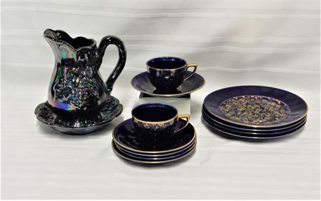 Cobalt Blue Ceramic Cups and Saucers with Gold Trim