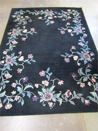 Large Black Wool Area Rug with Floral Design