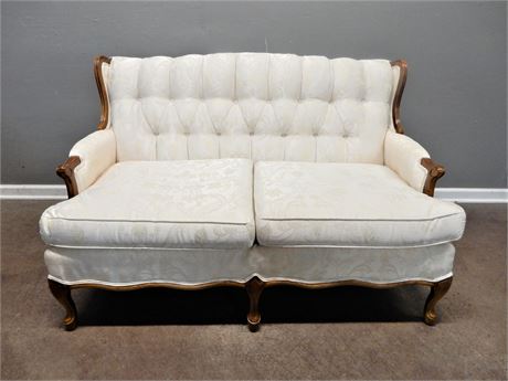 Vintage Style Satiny Cream Color Fabric Loveseat with Wood Trim