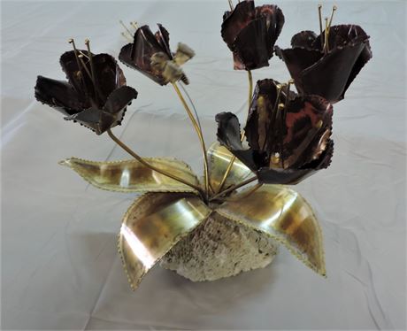 Vintage Metal Flower Sculpture with Stone Base