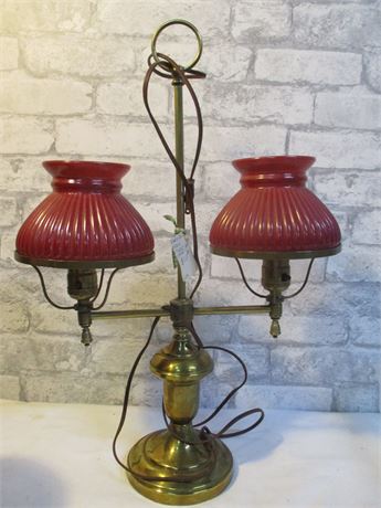Early 20th Century Brass Double Student Lamp with Burgundy Globes
