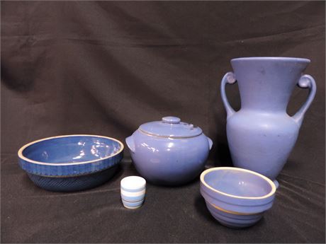 Vintage Periwinkle and Blue Pottery Vase and Bowl Lot