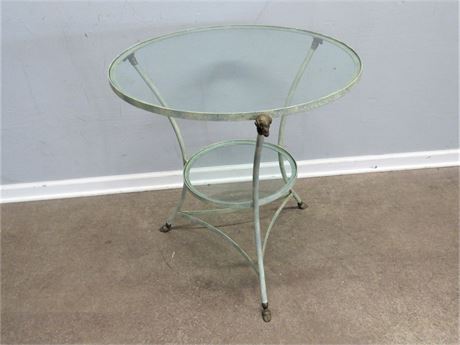 Verdi Gris Style Finished Metal Table with Glass Top and Shelf