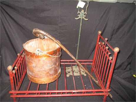 4 Piece Early Fire Place Tool Stand, Old Wood Bucket, Doll Bed, Walking Stick