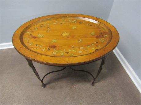 Vintage Round Coffee Table, with Medal Base and Hand Painted Accents
